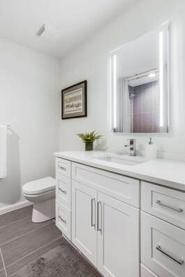 Single Vanity Sink, Mirror, and Toilet.
